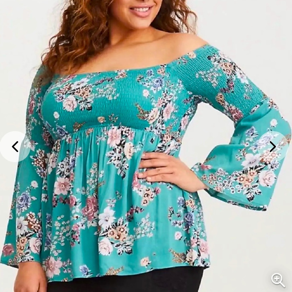 *Torrid Smocked Off the Shoulder Top Teal Floral size 2 2XL